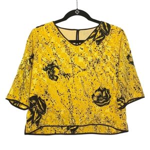 ORLEON DE PARIS Black Floral Splatter Print V Neck Vibrant Yellow Top Large